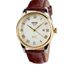 SKMEI 9058 Leather Quartz Men's Watch For- Gold